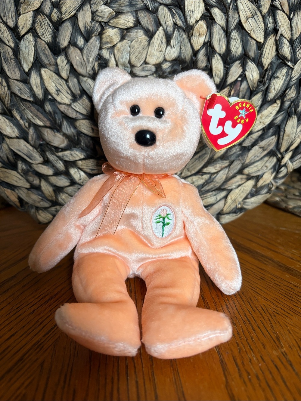 Ty Dearest Peach Beanie Baby Bear with Embroidered Flower and Ribbon